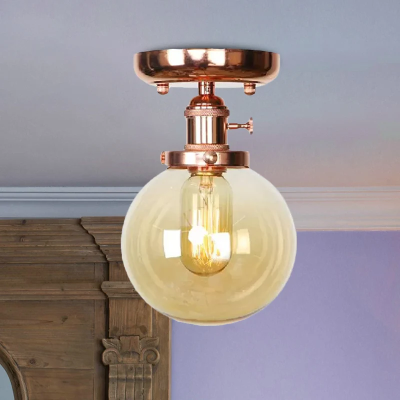 Enkele lamp, semi-inbouw, industriële globe/brede flare/diamant lichtarmatuur, plafond met heldere/amberkleurige glazen ka...