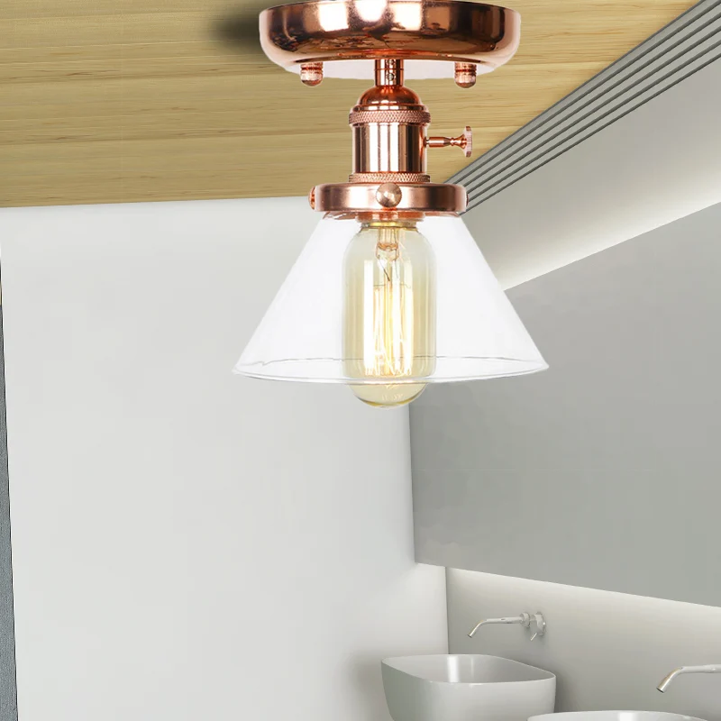 Enkele lamp, semi-inbouw, industriële globe/brede flare/diamant lichtarmatuur, plafond met heldere/amberkleurige glazen ka...