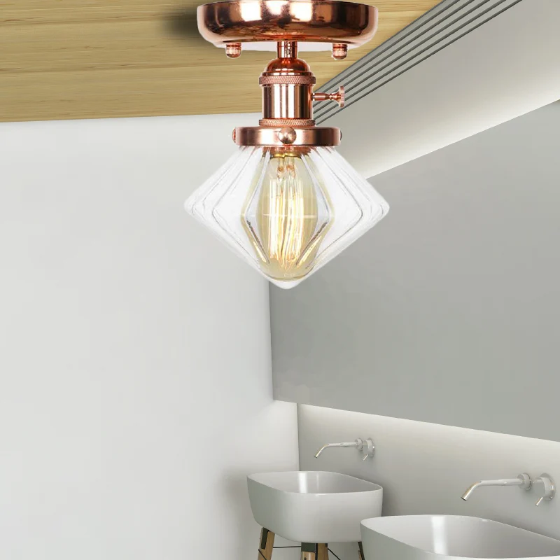 Enkele lamp, semi-inbouw, industriële globe/brede flare/diamant lichtarmatuur, plafond met heldere/amberkleurige glazen ka...
