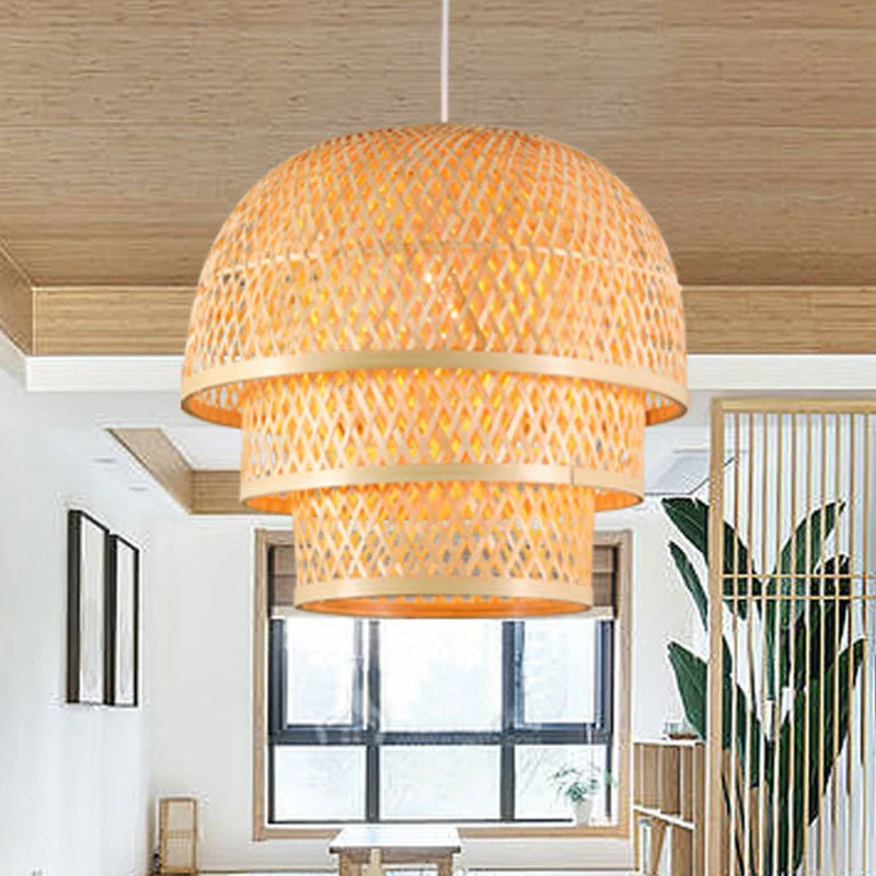Enkele restaurant downlight hanglamp van Aziatisch hout met gelaagde bamboe kap Clearhalo