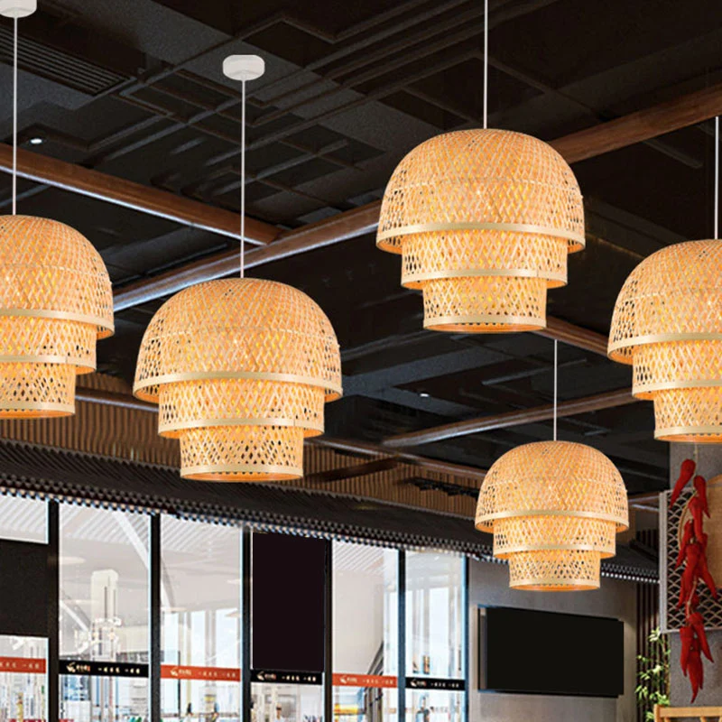 Enkele restaurant downlight hanglamp van Aziatisch hout met gelaagde bamboe kap Clearhalo