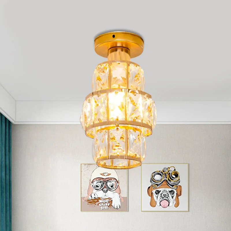 Enkelvoudig afgeschuind kristal ingelegd inbouwlicht Traditionele gouden cilindrische foyer semi-inbouwlamp Clearhalo