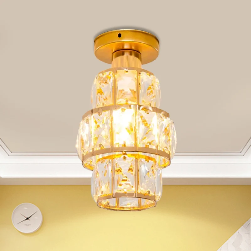 Enkelvoudig afgeschuind kristal ingelegd inbouwlicht Traditionele gouden cilindrische foyer semi-inbouwlamp Clearhalo