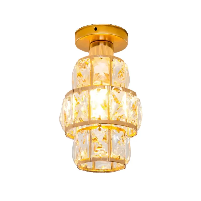 Enkelvoudig afgeschuind kristal ingelegd inbouwlicht Traditionele gouden cilindrische foyer semi-inbouwlamp Clearhalo