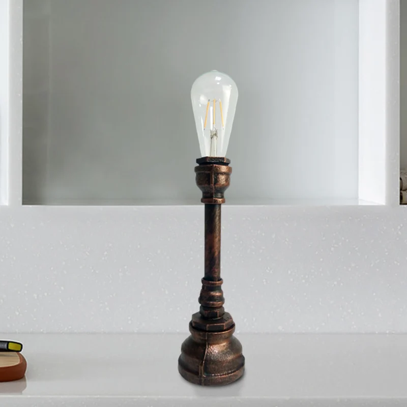 Farmhouse Piping Tafellamp 1-lamps metalen nachtkastjelamp zwart/roest met stekker snoer voor bar Clearhalo