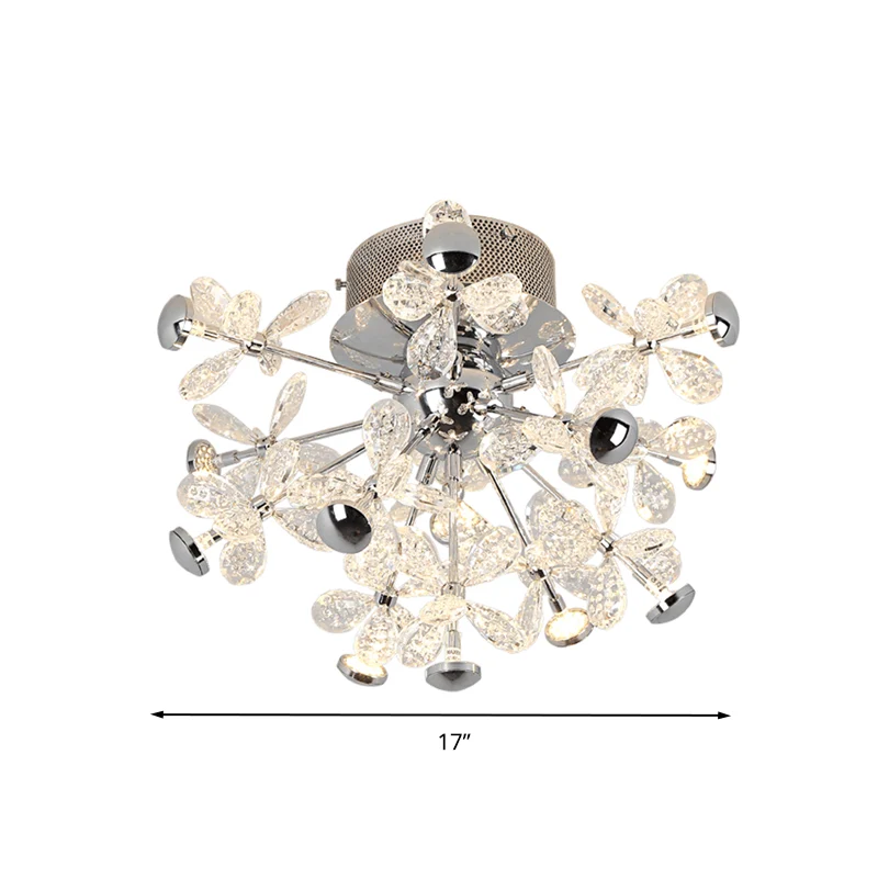 Flower Crystal Semi Inbouw Modernistische 13 Hoofden Zilver Dicht bij Plafondlamp voor Woonkamer Clearhalo