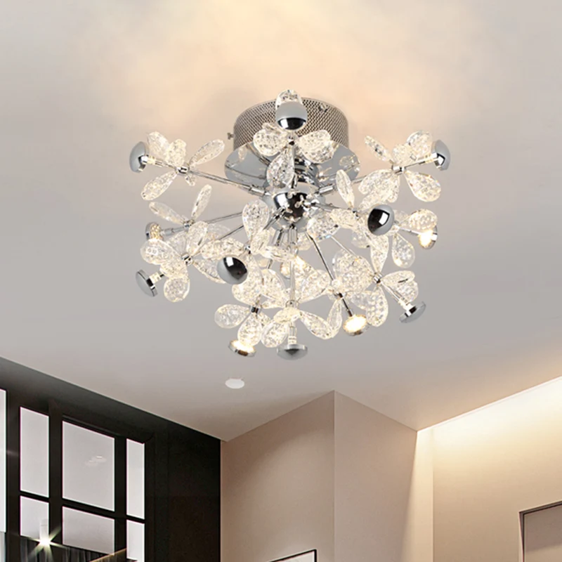 Flower Crystal Semi Inbouw Modernistische 13 Hoofden Zilver Dicht bij Plafondlamp voor Woonkamer Clearhalo