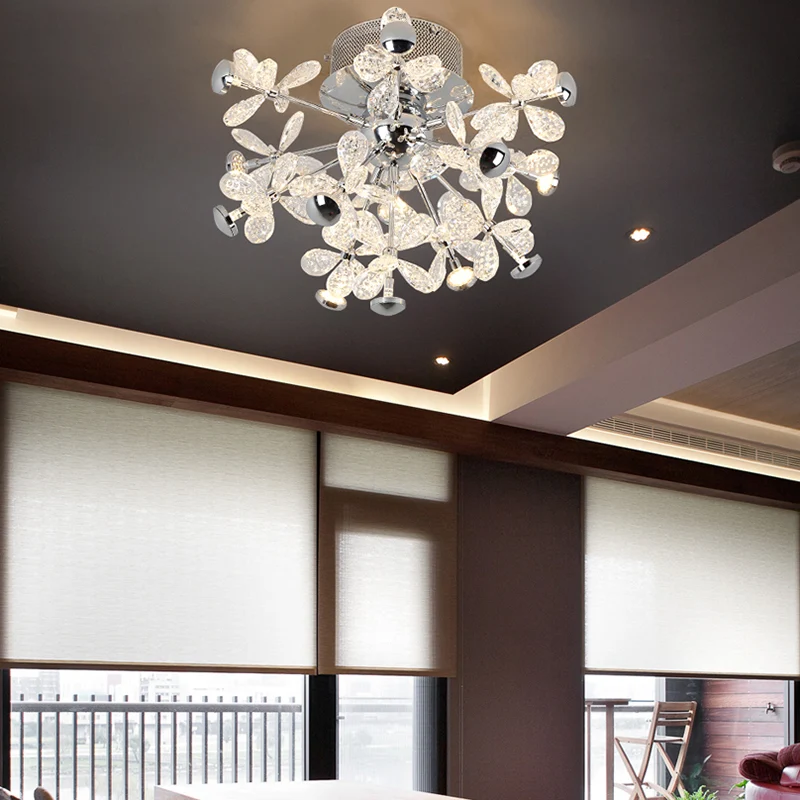 Flower Crystal Semi Inbouw Modernistische 13 Hoofden Zilver Dicht bij Plafondlamp voor Woonkamer Clearhalo