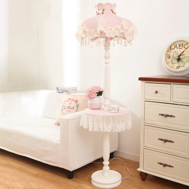 Fringe Dress Meisjesslaapkamer Vloerlamp Stof 1-lichts Staande lamp kinderstijl met tafel roze-wit Clearhalo