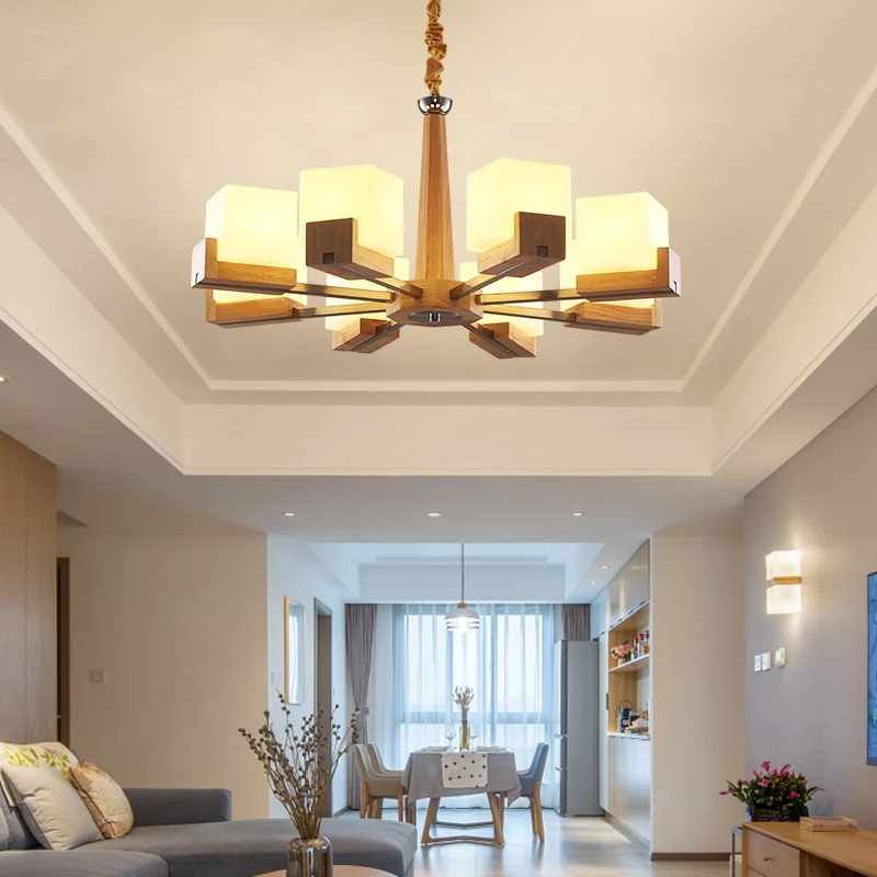 Frosted witte glazen kubus kroonluchter moderne houten plafond hanglamp voor woonkamer Clearhalo