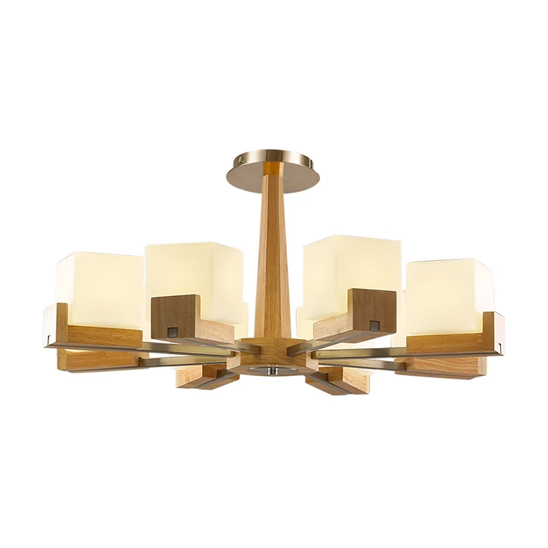 Frosted witte glazen kubus kroonluchter moderne houten plafond hanglamp voor woonkamer Clearhalo