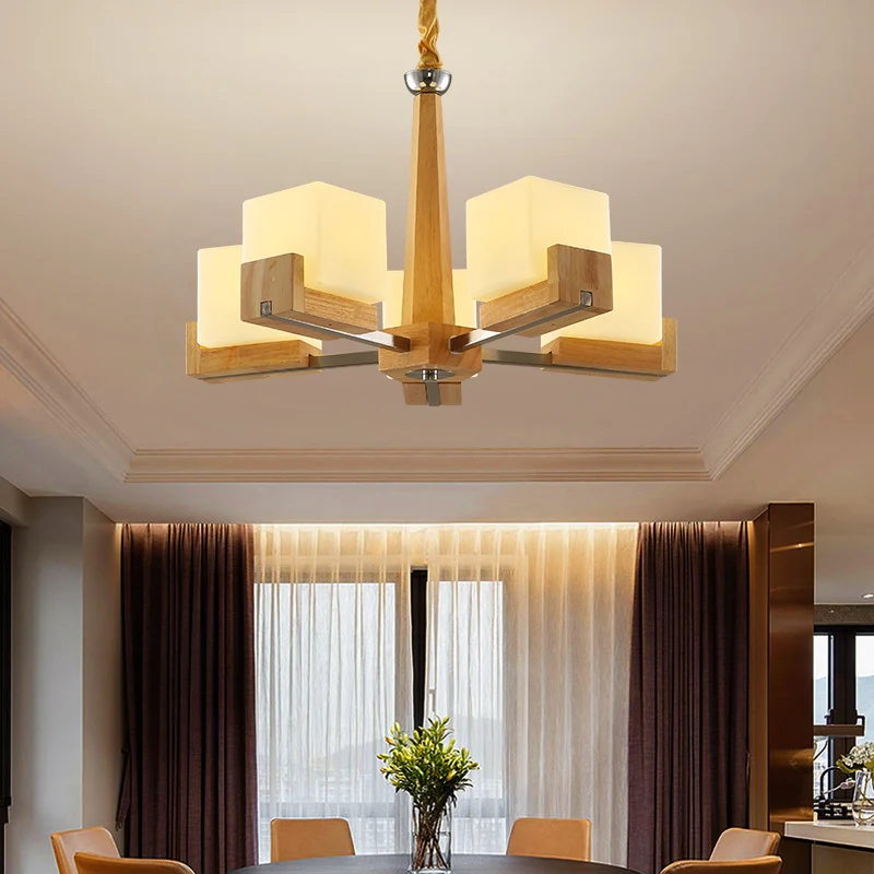 Frosted witte glazen kubus kroonluchter moderne houten plafond hanglamp voor woonkamer Clearhalo