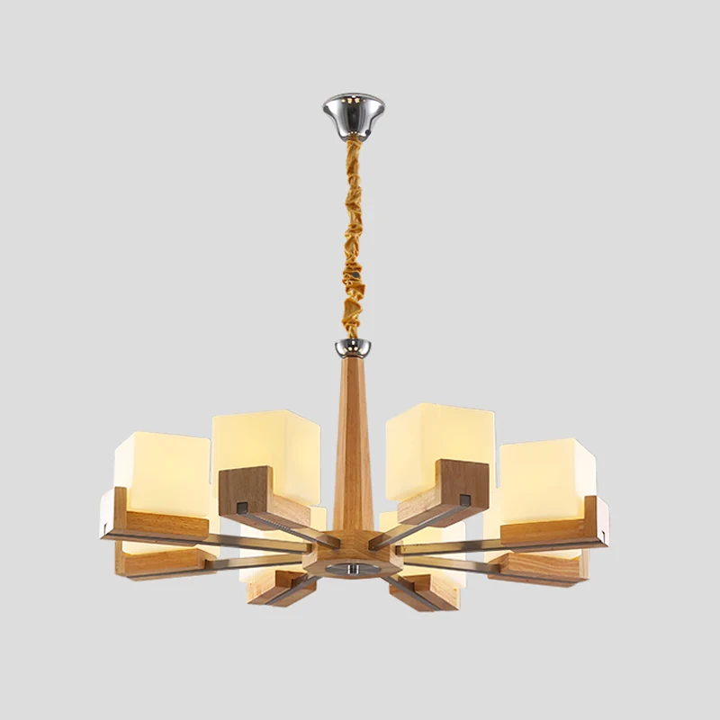 Frosted witte glazen kubus kroonluchter moderne houten plafond hanglamp voor woonkamer Clearhalo