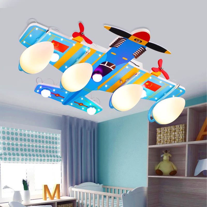 Game Room Combat Vliegtuig Plafondlamp Hout 5 Lichten Cartoon Blauw Inbouwlamp Clearhalo