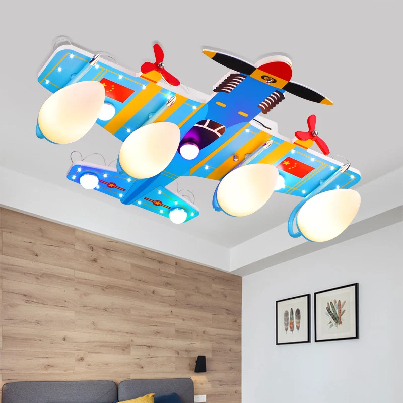 Game Room Combat Vliegtuig Plafondlamp Hout 5 Lichten Cartoon Blauw Inbouwlamp Clearhalo