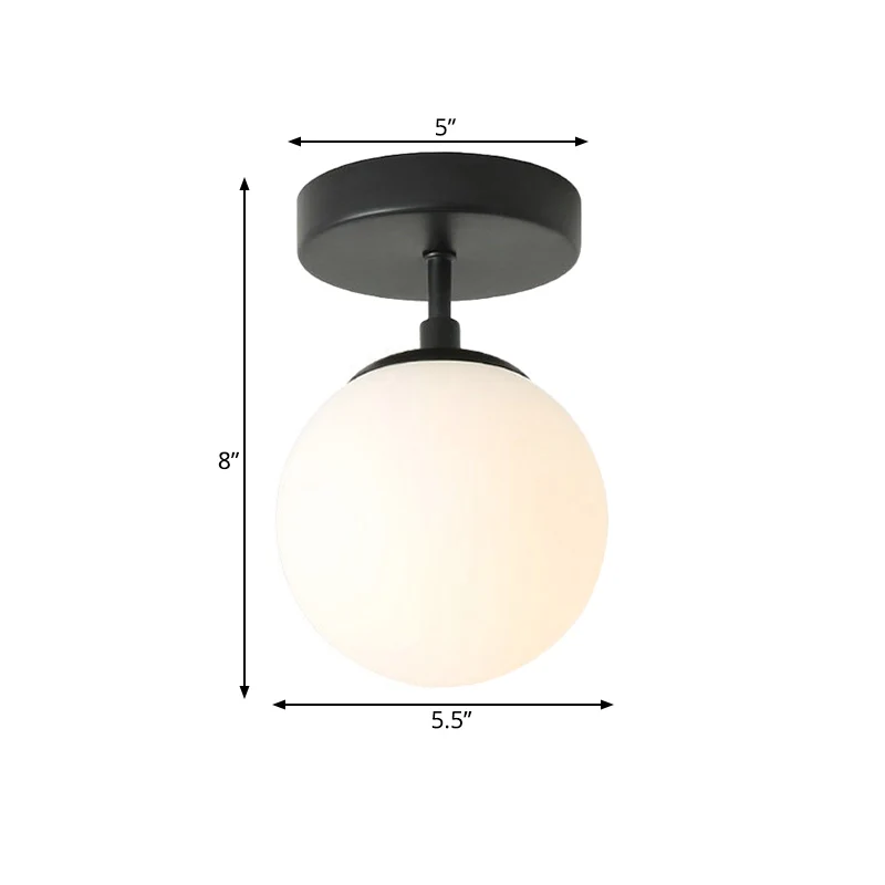 Gangplafond met enkele lamp, eenvoudig zwart, semi-inbouwlamp met mini bolvormige melkglazen kap Clearhalo
