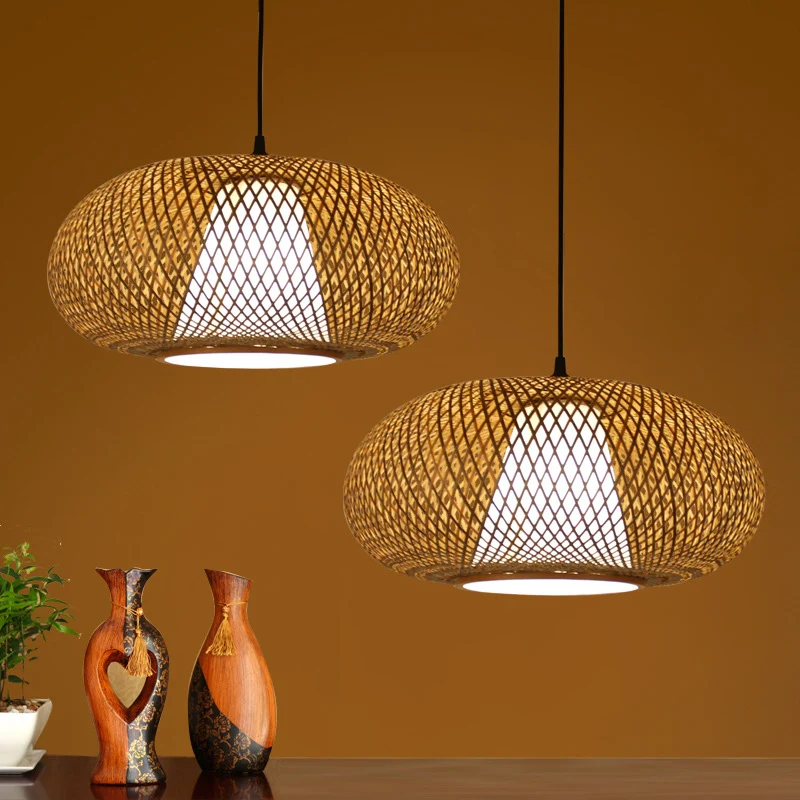 Gebogen Drum Hanglamp Traditie Bamboe 1 Lamp 12"/14"/16" Brede Houten Hanglamp Kit Clearhalo