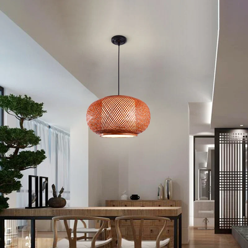 Gebogen Drum Suspension Hanglamp Aziatisch Bamboe 1 Lamp Bruin Hangende Lichtset, 16"/19.5"/23.5" Breed Clearhalo
