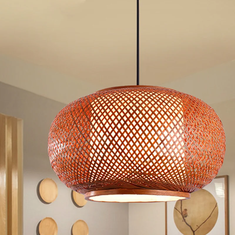 Gebogen Drum Suspension Hanglamp Aziatisch Bamboe 1 Lamp Bruin Hangende Lichtset, 16"/19.5"/23.5" Breed Clearhalo