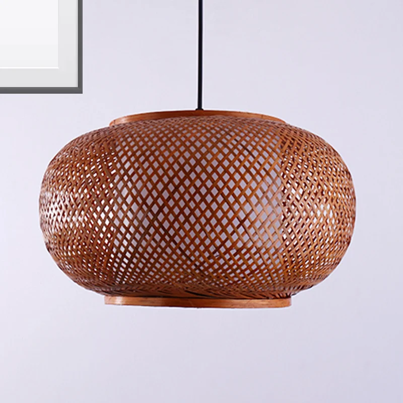 Gebogen Drum Suspension Hanglamp Aziatisch Bamboe 1 Lamp Bruin Hangende Lichtset, 16"/19.5"/23.5" Breed Clearhalo
