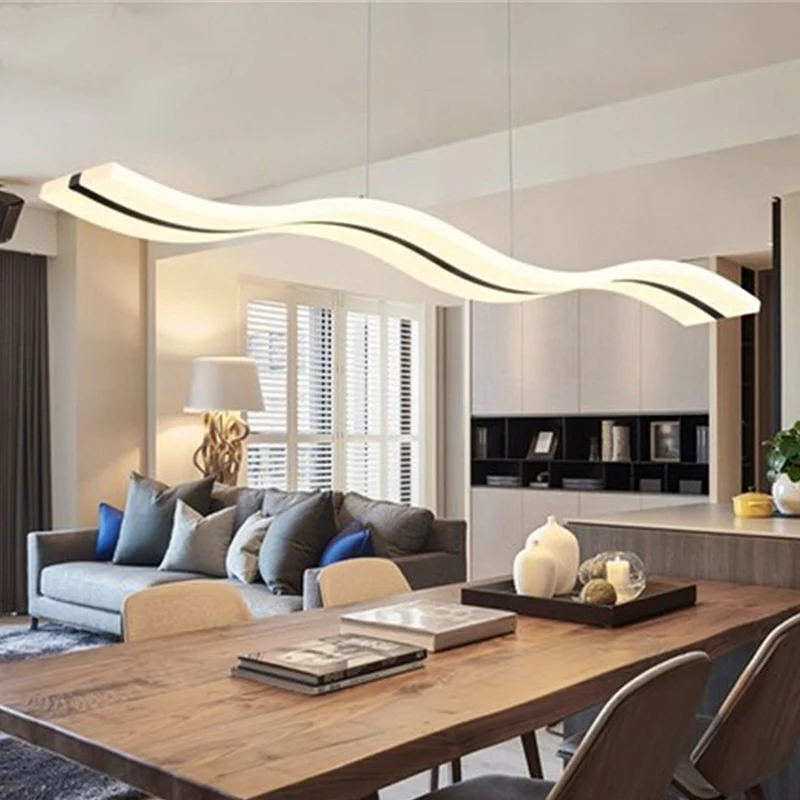 Gebogen/rechte lijn eetkamer hanger acryl minimalistische LED hangende plafondlamp zwart, warm/wit licht Clearhalo