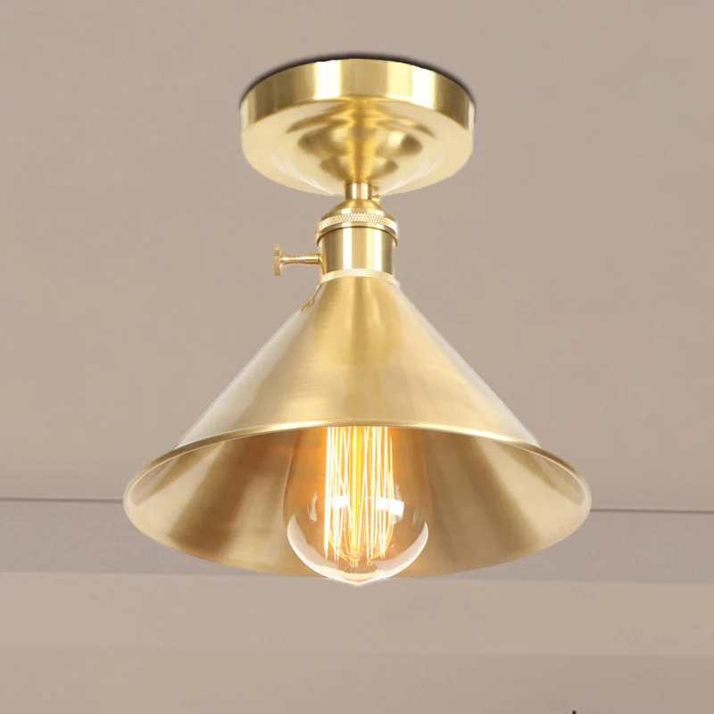 Geborsteld messing conisch semi-inbouwlicht vintage industrieel metaal 1 licht balkon plafondmontage licht, 8"/9,5" breed...
