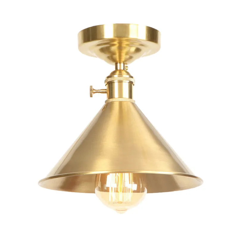 Geborsteld messing conisch semi-inbouwlicht vintage industrieel metaal 1 licht balkon plafondmontage licht, 8"/9,5" breed...