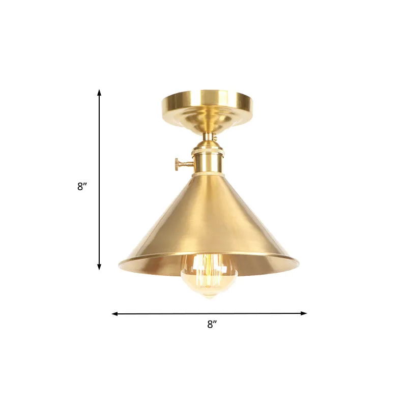 Geborsteld messing conisch semi-inbouwlicht vintage industrieel metaal 1 licht balkon plafondmontage licht, 8"/9,5" breed...