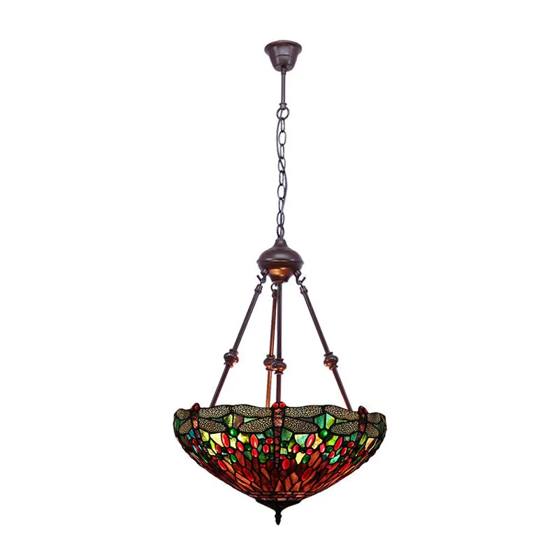 Gebrandschilderd glas rood/groen/paars hangende kroonluchter Dragonfly 2-lichts mediterrane hanglamp Clearhalo