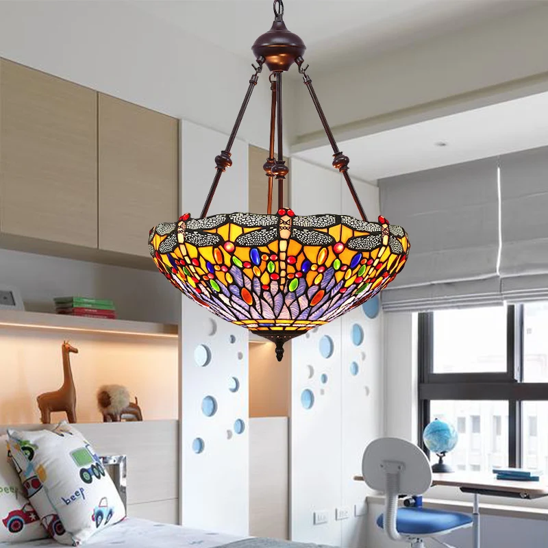 Gebrandschilderd glas rood/groen/paars hangende kroonluchter Dragonfly 2-lichts mediterrane hanglamp Clearhalo