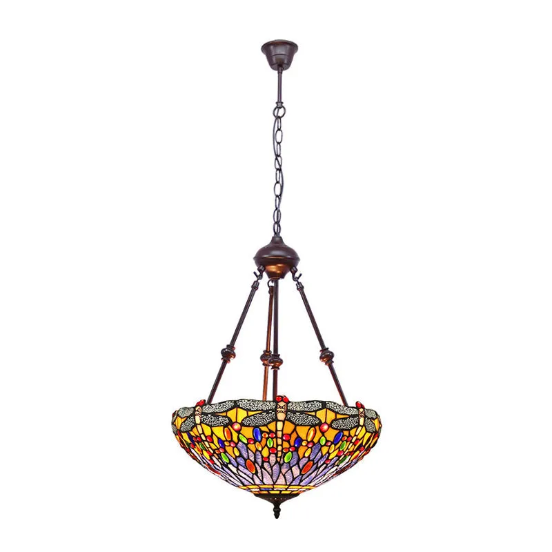 Gebrandschilderd glas rood/groen/paars hangende kroonluchter Dragonfly 2-lichts mediterrane hanglamp Clearhalo
