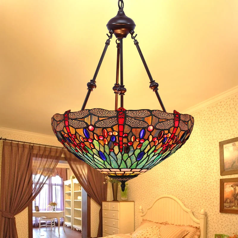 Gebrandschilderd glas rood/groen/paars hangende kroonluchter Dragonfly 2-lichts mediterrane hanglamp Clearhalo