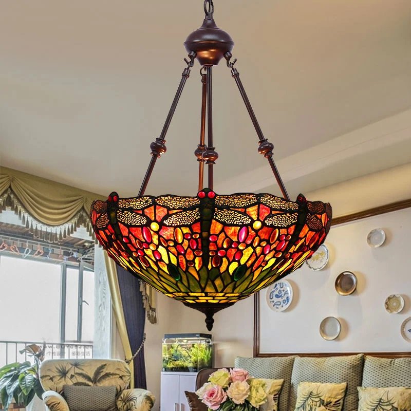 Gebrandschilderd glas rood/groen/paars hangende kroonluchter Dragonfly 2-lichts mediterrane hanglamp Clearhalo