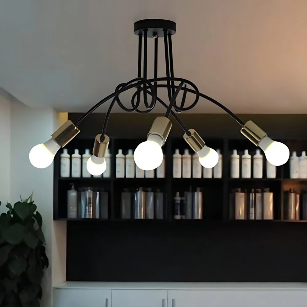 Gedraaide metalen halfverzonken plafondlamp Industriële 3/5-lichts hal halfverzonken hanglamp met kale lamp zwart Clearhalo