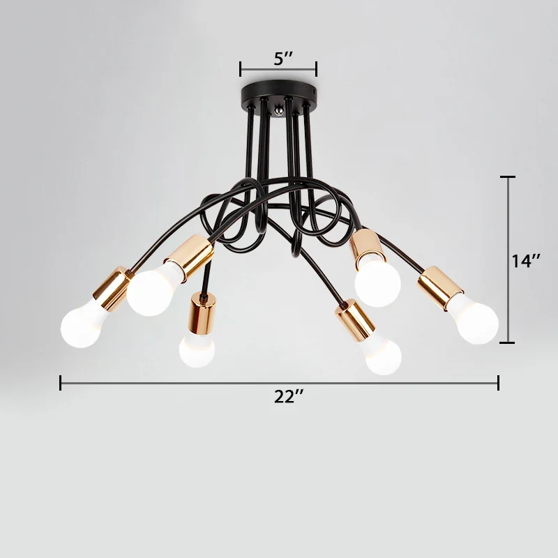 Gedraaide metalen halfverzonken plafondlamp Industriële 3/5-lichts hal halfverzonken hanglamp met kale lamp zwart Clearhalo