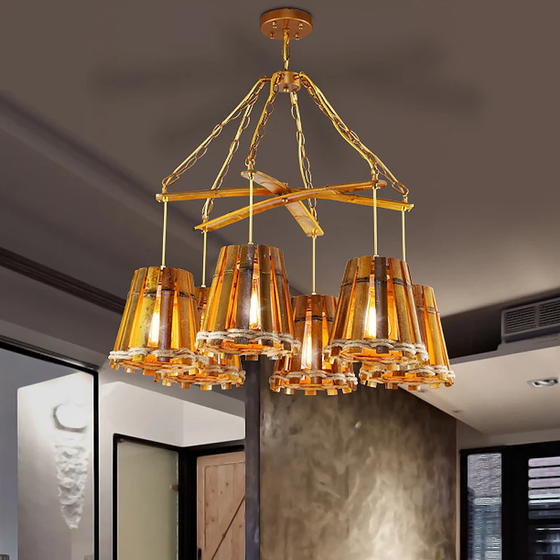 Geel 6-lichts kroonluchterlamp Retro bamboe conische ophangverlichting met natuurlijk touw Clearhalo