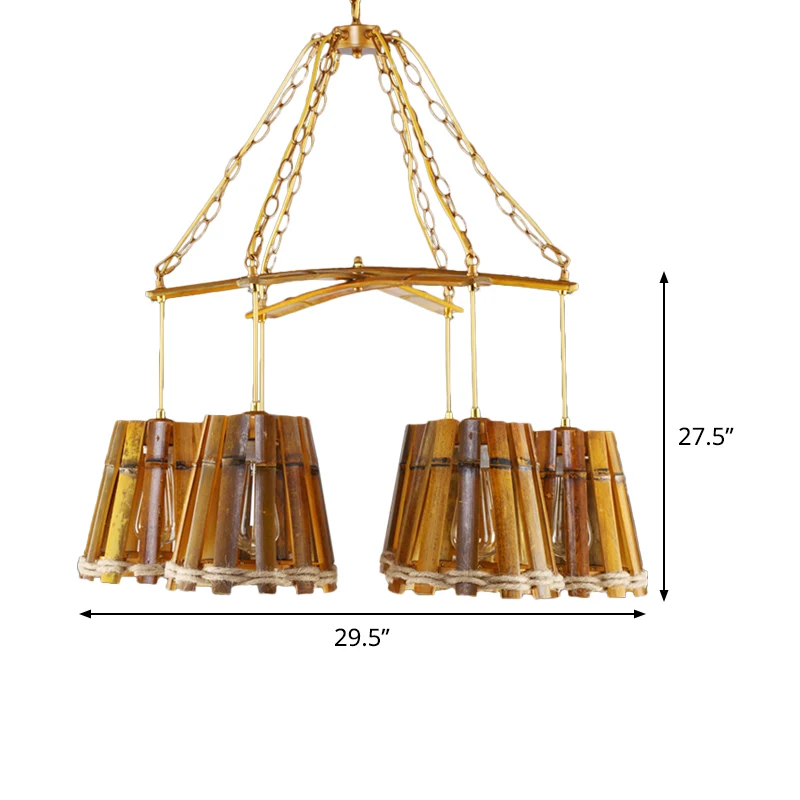 Geel 6-lichts kroonluchterlamp Retro bamboe conische ophangverlichting met natuurlijk touw Clearhalo