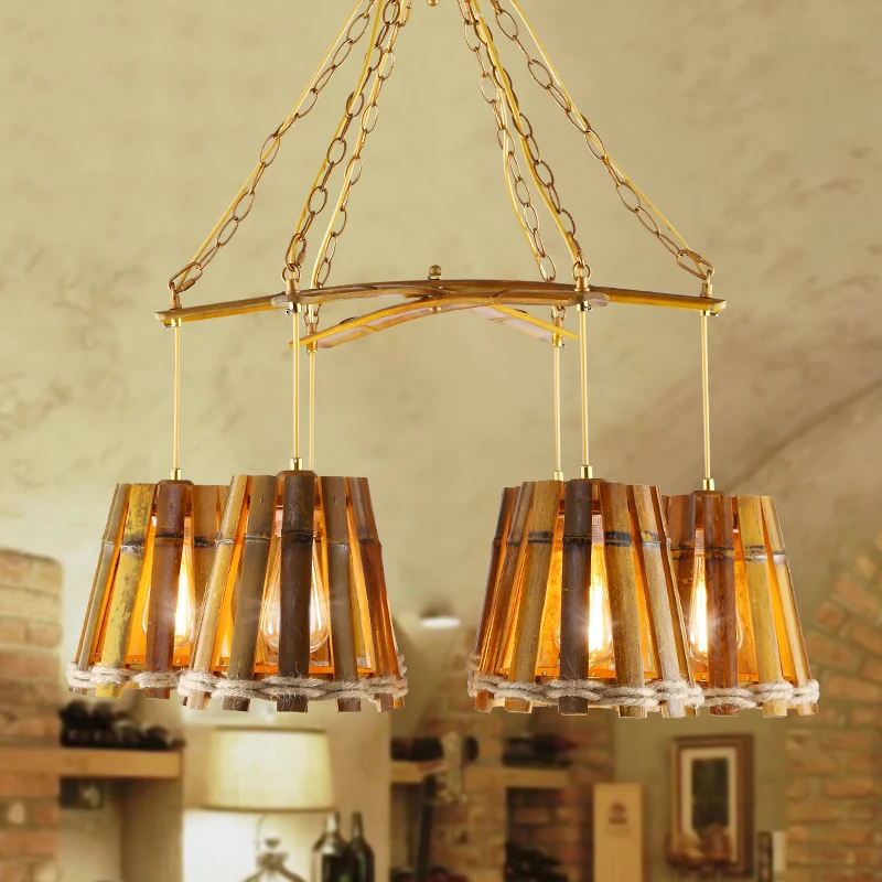 Geel 6-lichts kroonluchterlamp Retro bamboe conische ophangverlichting met natuurlijk touw Clearhalo