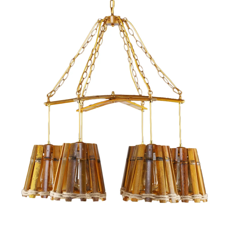 Geel 6-lichts kroonluchterlamp Retro bamboe conische ophangverlichting met natuurlijk touw Clearhalo