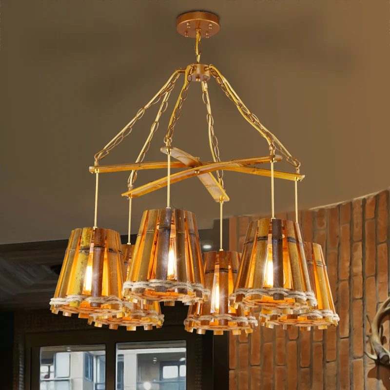 Geel 6-lichts kroonluchterlamp Retro bamboe conische ophangverlichting met natuurlijk touw Clearhalo