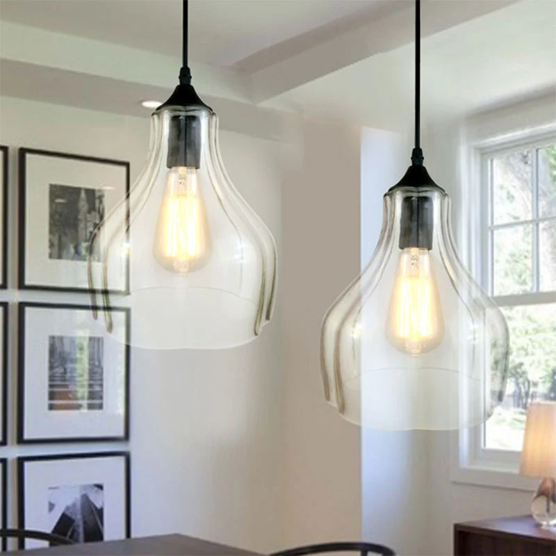 Geel/groen/helder glas kalebas ophanghanger hedendaagse 1 licht zwarte hanglamp voor restaurant Clearhalo