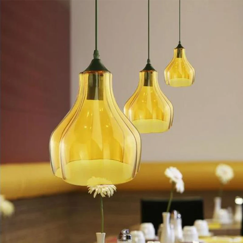 Geel/groen/helder glas kalebas ophanghanger hedendaagse 1 licht zwarte hanglamp voor restaurant Clearhalo