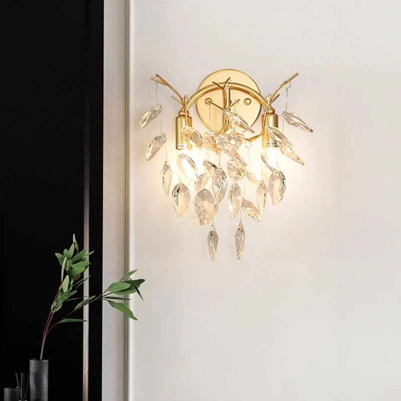 Gefacetteerde kristallen bladwandlamp eigentijds 2 lampen woonkamer wandgemonteerd licht goud Clearhalo