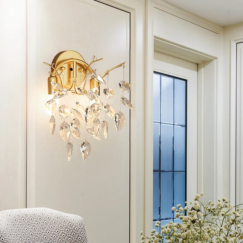 Gefacetteerde kristallen bladwandlamp eigentijds 2 lampen woonkamer wandgemonteerd licht goud Clearhalo