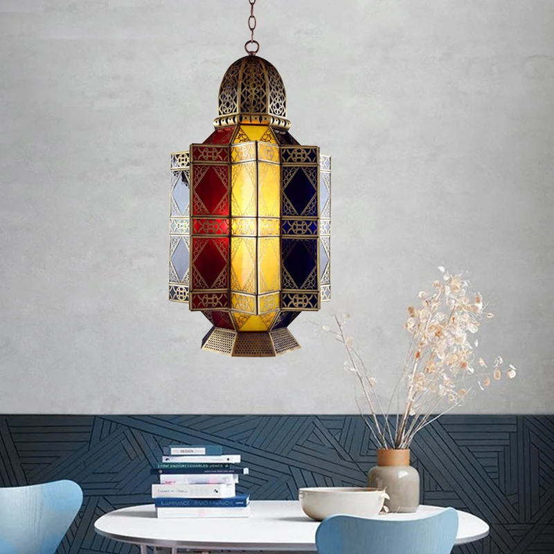 Gekleurde glazen koperen kroonluchter lantaarn 3 hoofden Arabische hangende hanglamp voor gang Clearhalo