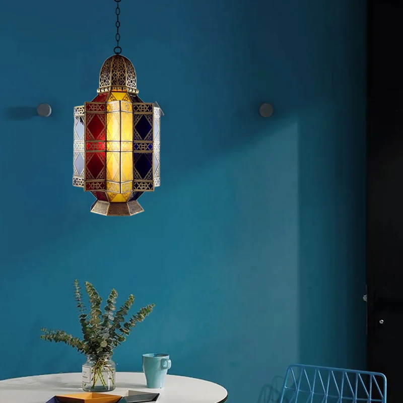 Gekleurde glazen koperen kroonluchter lantaarn 3 hoofden Arabische hangende hanglamp voor gang Clearhalo