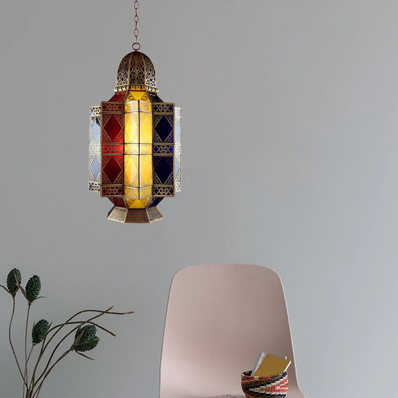 Gekleurde glazen koperen kroonluchter lantaarn 3 hoofden Arabische hangende hanglamp voor gang Clearhalo