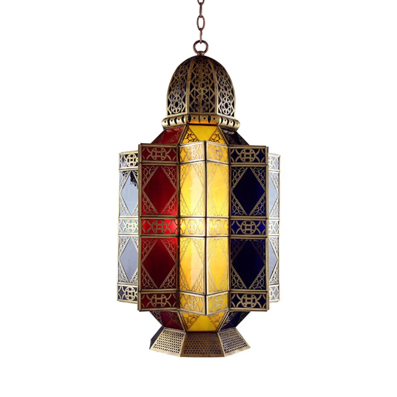 Gekleurde glazen koperen kroonluchter lantaarn 3 hoofden Arabische hangende hanglamp voor gang Clearhalo