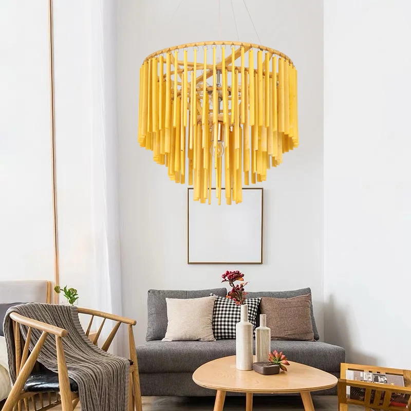 Gelaagde kroonluchter hanglamp eigentijds bamboe 4-kops gele hangende verlichting voor restaurant Clearhalo