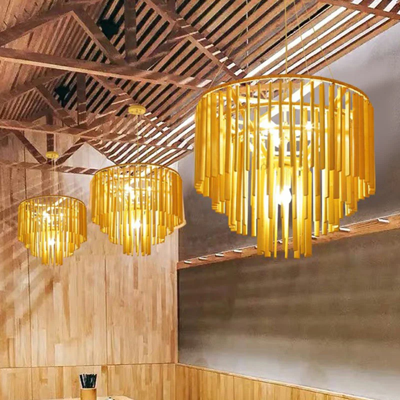 Gelaagde kroonluchter hanglamp eigentijds bamboe 4-kops gele hangende verlichting voor restaurant Clearhalo